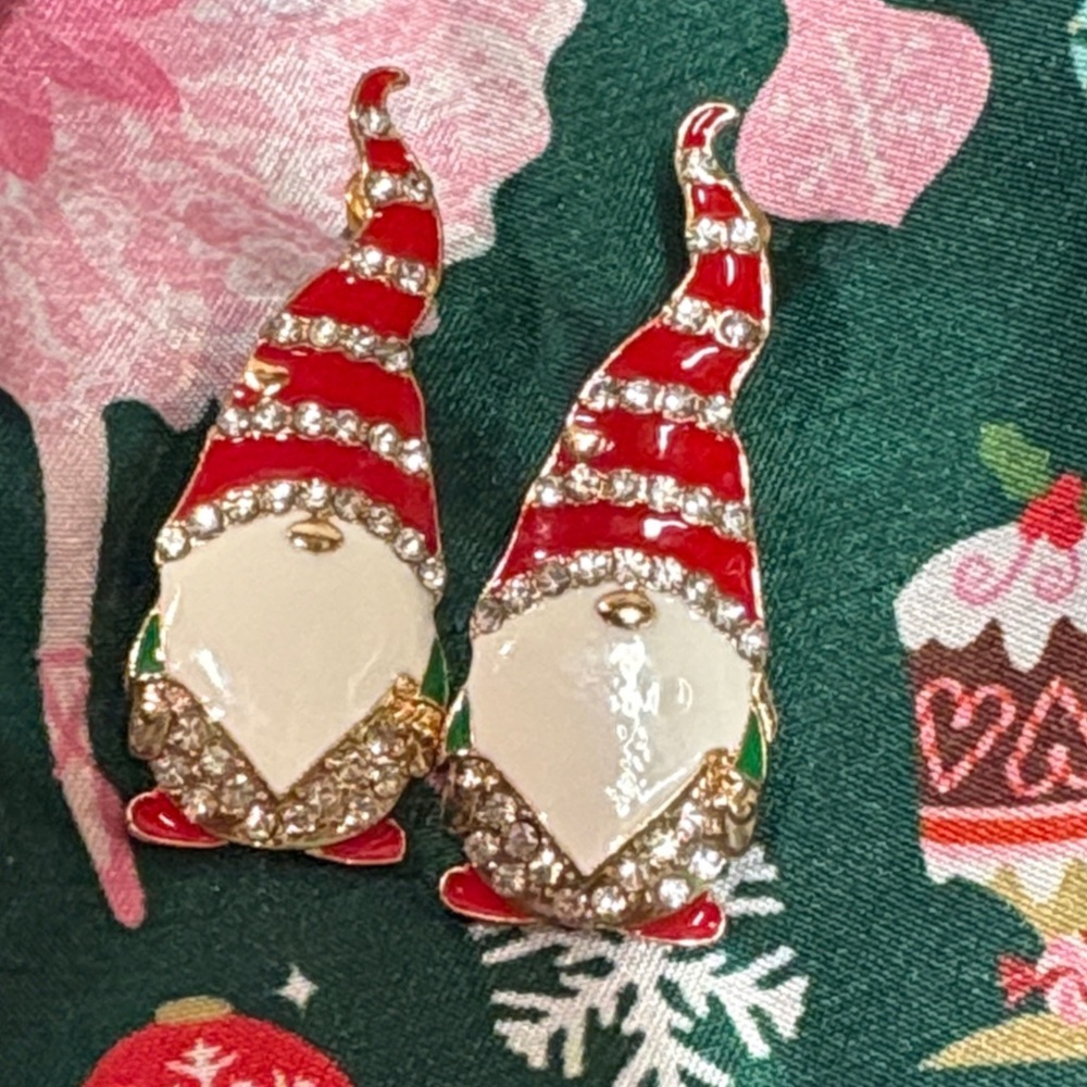 Festive Christmas Gnome Earrings red green with rhinestones